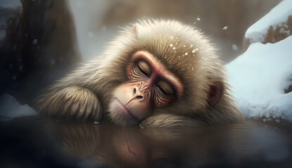 温泉に入る猿 | a monkey taking a bath in a hot spring Generative AI - obrazy, fototapety, plakaty