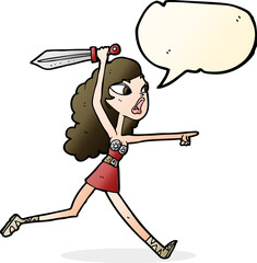 cartoon viking girl with sword with speech bubble