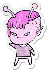 distressed sticker of a cute cartoon alien girl