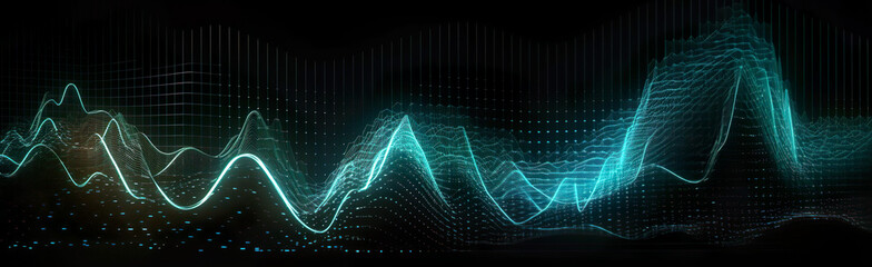 Abstract representation of technology digital wave, background and wallpaper idea. Beautiful wavy effect texture with glowing defocused particles. AI generated banner illustration.