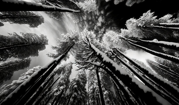  a black and white photo of a forest with snow on the ground and trees in the middle of the picture, looking up into the sky.  generative ai