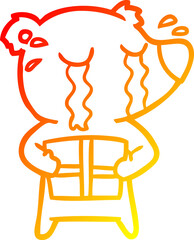warm gradient line drawing cartoon crying bear with present