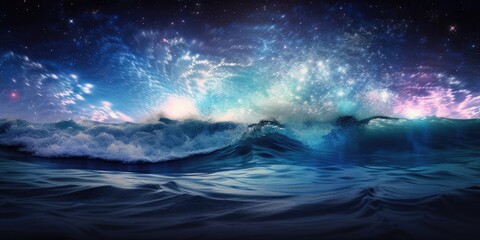 Otherworldly milky way midnight sky over deep blue sea, bright stars, vivid nebula cloud colors, peaceful twilight hour at the ocean shore- generative AI