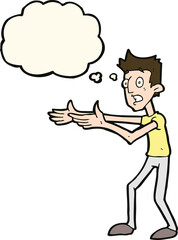 cartoon man desperately explaining with thought bubble