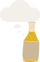 cartoon beer bottle and thought bubble in retro style