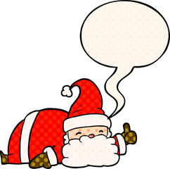 cartoon sleepy santa giving thumbs up symbol and speech bubble in comic book style