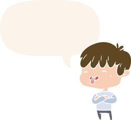 cartoon boy sticking out tongue and speech bubble in retro style