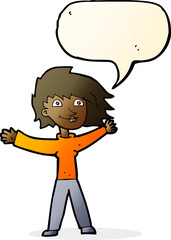 cartoon excited woman waving with speech bubble