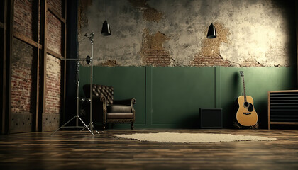 Abstract music rehearsal base with guitar and other equipment. Indoor background. AI generative image.