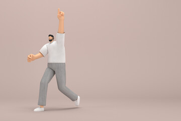 The man with beard wearinggray corduroy pants and white collar t-shirt.  He is doing exercise.  3d rendering of cartoon character in acting.