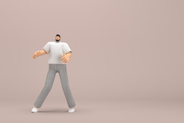 The man with beard wearinggray corduroy pants and white collar t-shirt.  He is doing exercise.  3d rendering of cartoon character in acting.