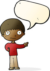 cartoon happy boy pointing with speech bubble