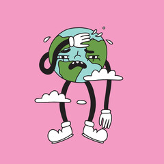 Groovy Earth Day character mascot. Our Planet Earth illustration in retro cartoon style. Cute Earth globe with happy smile emotion isolated. Happy Earth day card. Hand drawn vector graphic design