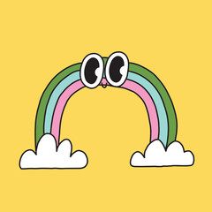 Cute cartoon rainbow with funny face. Groovy style illustration of boho kids rainbow with smile. Isolated icon on yellow background