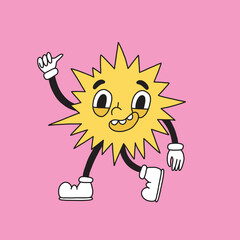 Cute cartoon sun character with funny face and thumps up. Groovy style illustration of boho kids sunny with smile. Isolated icon on pink background