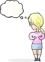 cartoon shy woman with thought bubble