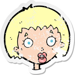 retro distressed sticker of a cartoon surprised female face