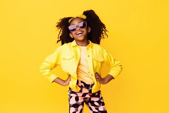 Cheerful beautiful black girl wearing yellow outfit having fun and laughing. Children's fashion concept on yellow background. Stylish African American girl with curly hair