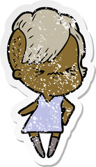 distressed sticker of a cartoon annoyed hipster girl