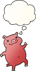 cartoon dancing pig and thought bubble in smooth gradient style