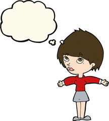 cartoon woman with open arms with thought bubble