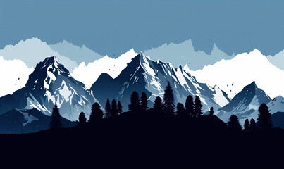  a mountain range with trees in the foreground and a blue sky in the background with white clouds in the background and a blue sky with white clouds in the foreground.  generative ai