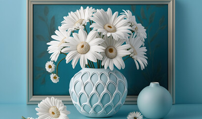 Fototapeta na wymiar a blue vase filled with white flowers next to a blue vase with white daisies in front of a picture frame on a blue wall. generative ai