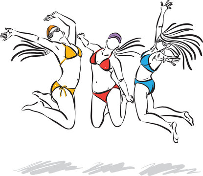 three women with bikini at the beach jumping happy freedom concept brush stroke vector illustration