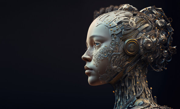 The Fusion of Human and Machine: Woman-faced Android with Visible Gears. Generative AI. Close up Portrait with Copy Space