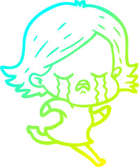 cold gradient line drawing cartoon girl crying whilst running