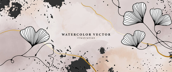 Beige vector watercolor background with black ginkgo biloba branches, black splashes and drops for decor, covers, cards, wallpapers and presentations