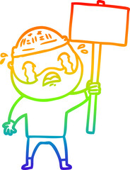 rainbow gradient line drawing cartoon bearded protester crying