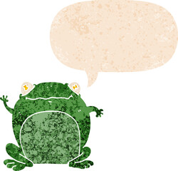 cartoon frog and speech bubble in retro textured style