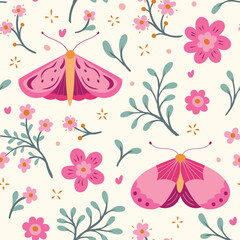 Obraz premium Cute vector floral seamless pattern with butterflies. Colorful flowers background. Trendy repeat texture for fashion print, wallpaper or fabric.