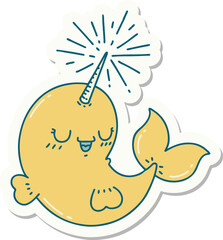sticker of tattoo style happy narwhal