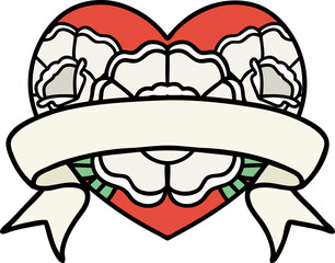 traditional tattoo of a heart and banner with flowers