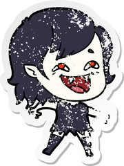 distressed sticker of a cartoon laughing vampire girl