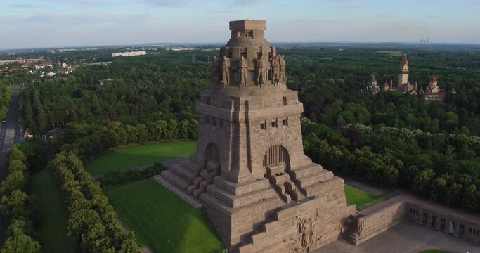The monument to the battle of nations in Leipzig. Drone move back