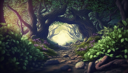 Beautiful fantasy dense forest landscape with old growth trees and spring flowers. Magic woods background with copy space. Fairy tale outdoor backdrop. AI generative image.