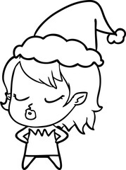 Fototapeta premium cute line drawing of a vampire girl wearing santa hat
