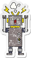 distressed sticker of a cute cartoon malfunctioning robot