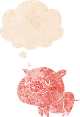 cartoon pig and thought bubble in retro textured style