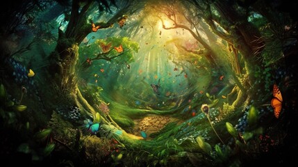 Beautiful fantasy enchanted forest with butterflies, flowers and copy space. Fairy tale outdoor background. AI generative image. - obrazy, fototapety, plakaty