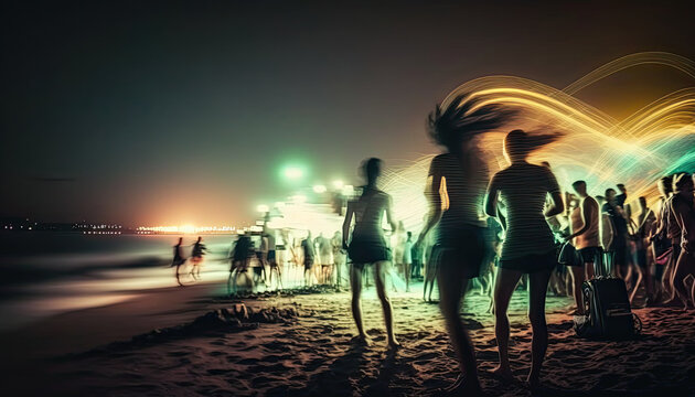 Night beach music party with blurred dancing people at the background. AI generative image.