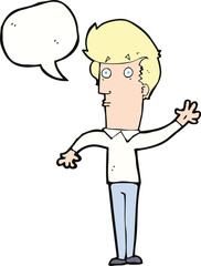 cartoon nervous man waving with speech bubble