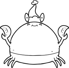 line drawing of a crab wearing santa hat