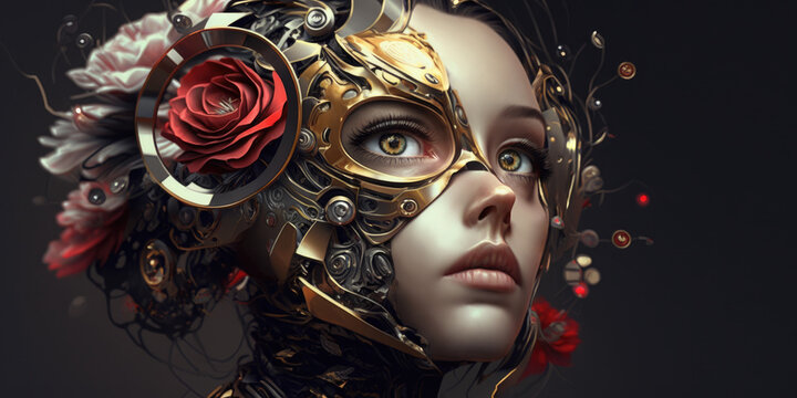 Cyberpunk Portrait with a Floral Android Beauty. Close-up of a Female Cyborg with Gears and Blooms. Generative AI