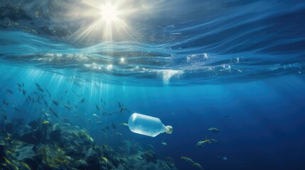 Obraz premium Plastic bottle floating in ocean with aquatic animal, fish. Ocean pollution, environmental conservation and ecology concept. Generative AI
