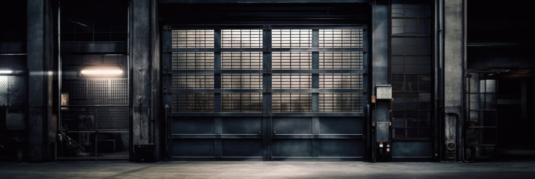 Heavy Steel Doors Of A Garage Or Loading Gate Of A Production Factory. Back Alley Style Tough Black Steel Doors Or Shutter. Grungy Atmosphere. Generative AI.