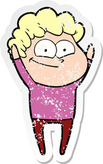 distressed sticker of a cartoon happy man